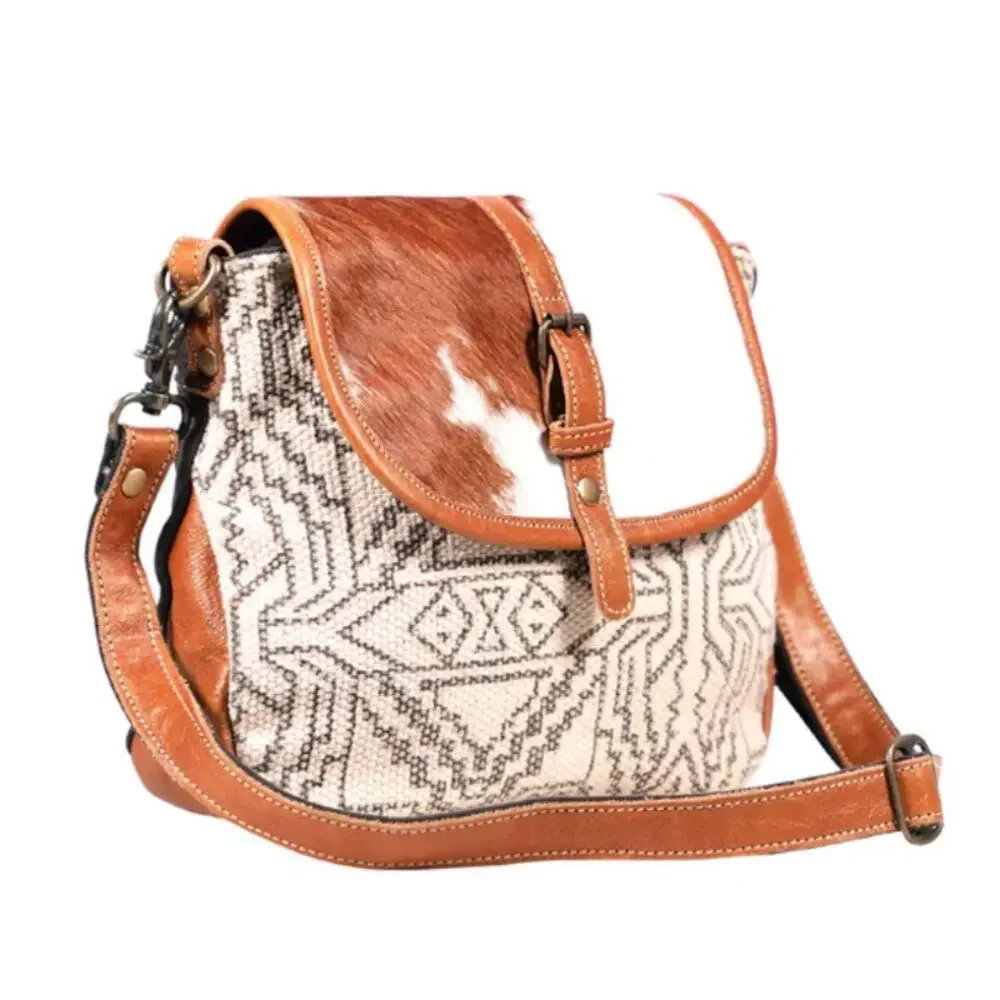 NWT Western Woven and Leather Trim Flap Closure Tan Crossbody Bag